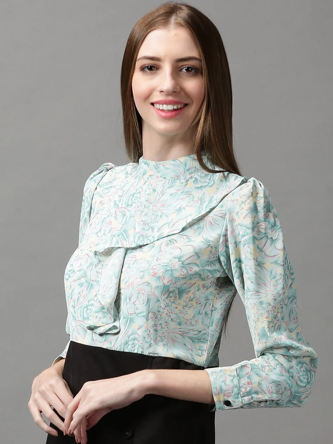 Classic Layers Women's Green Floral High Neck Crepe A-Line Dress