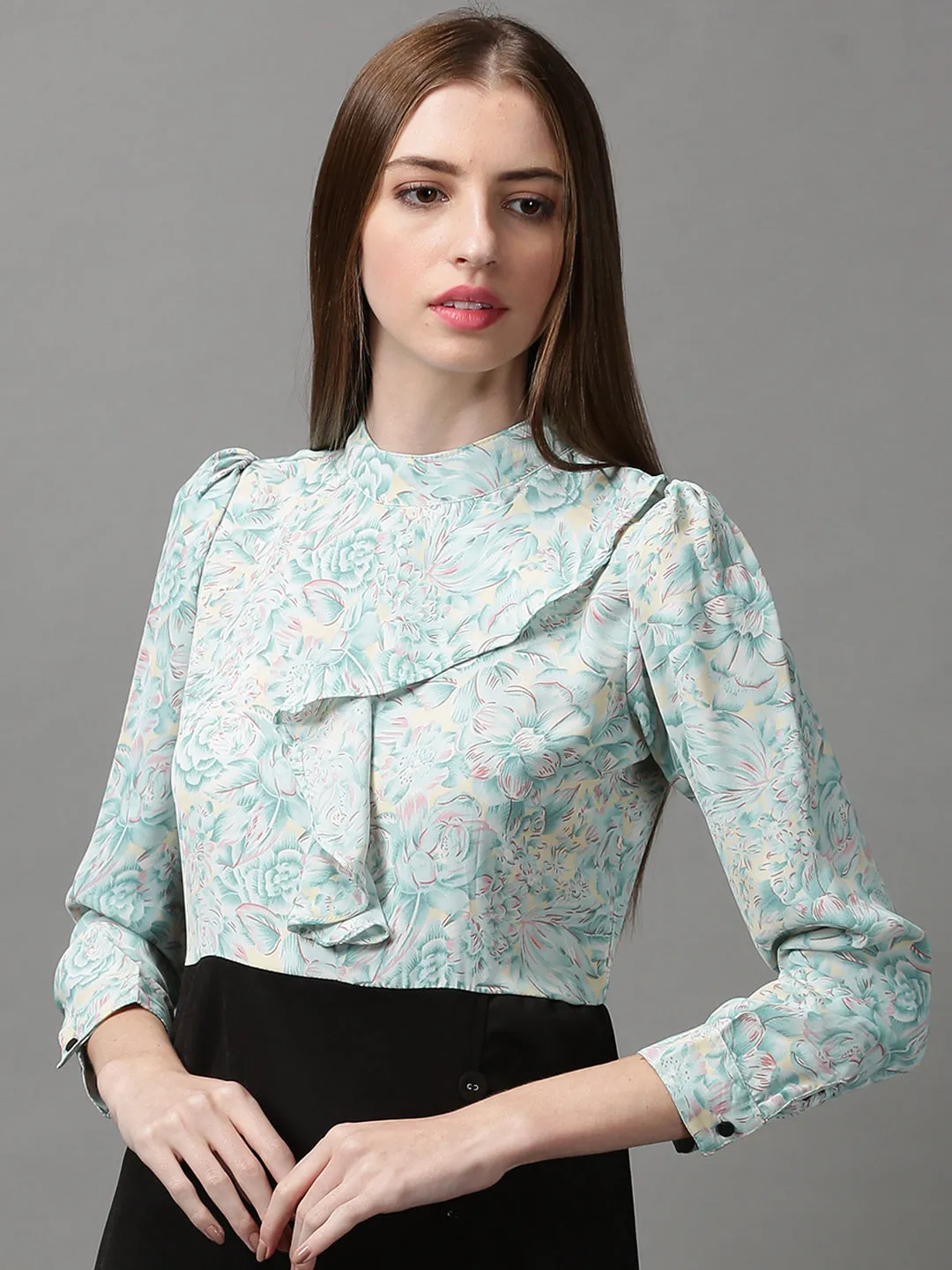 Women's Green Floral High Neck Crepe A-Line Dress Sleek Tone