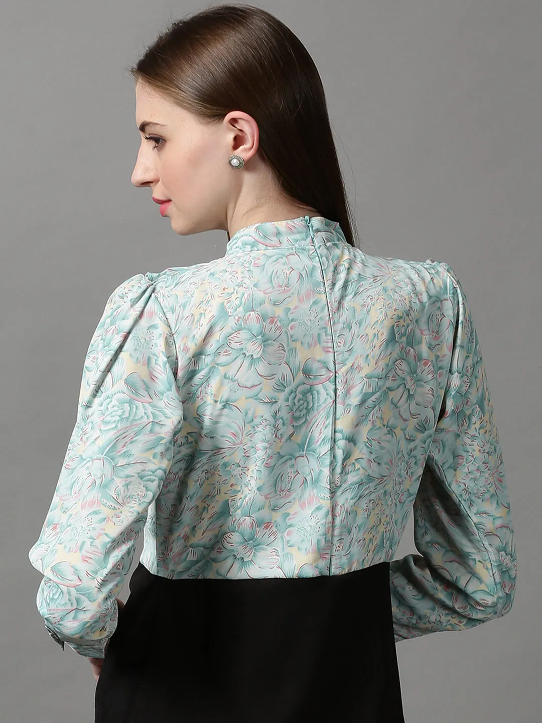 Women's Green Floral High Neck Crepe A-Line Dress Elegant Waistband Classic Grace