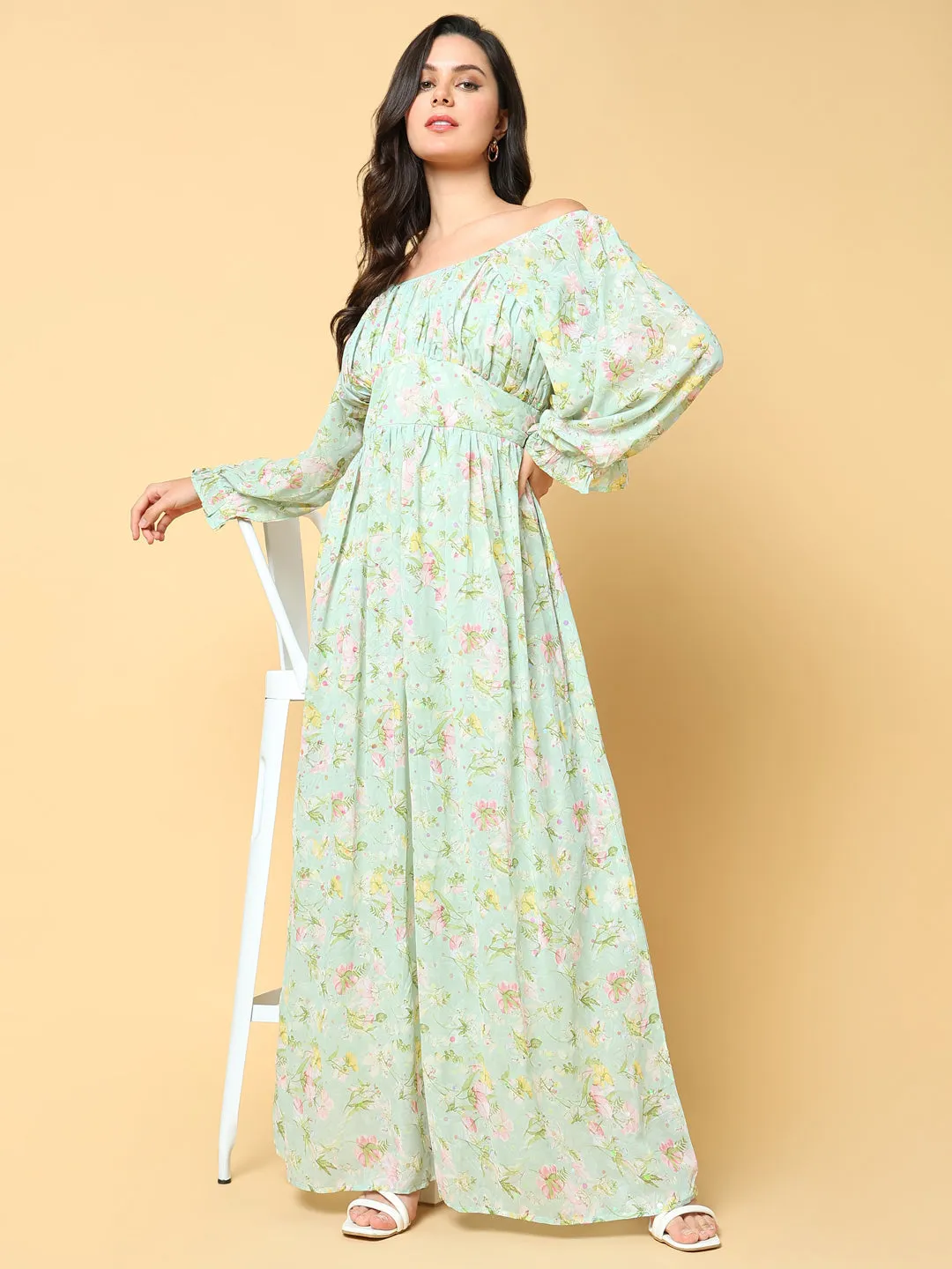 Women's Green Floral Print Off-Shoulder Puff Sleeve Georgette Fit & Flare Maxi Dress Contemporary Wear Trendy Fit Look