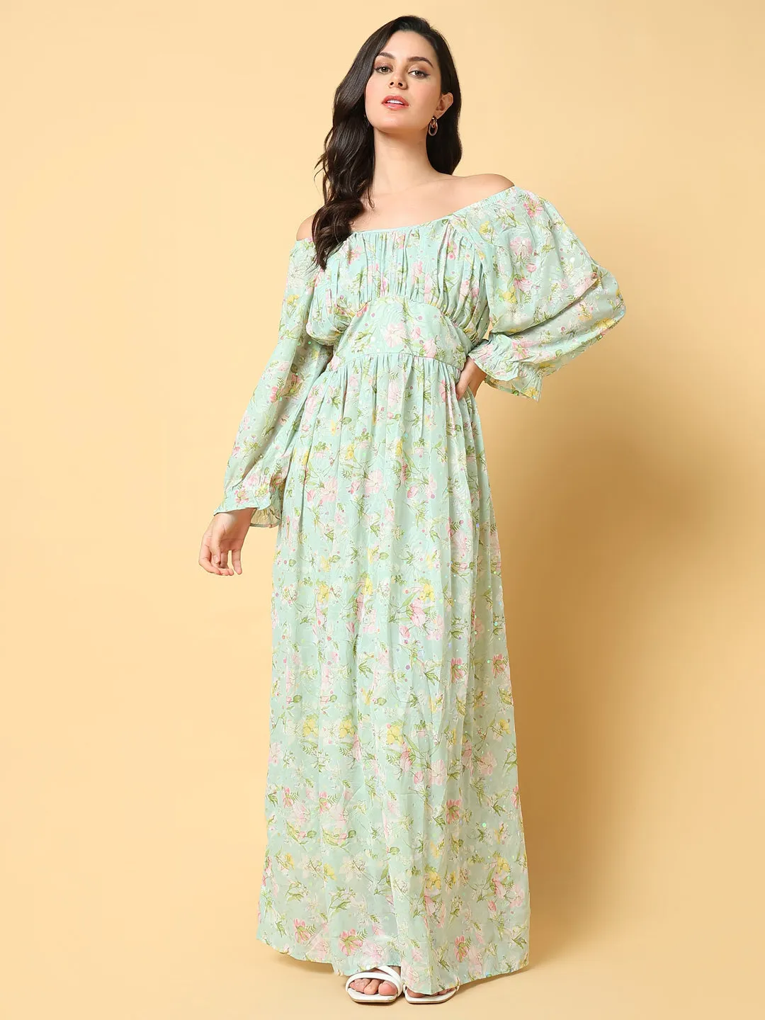 Compact Fit Women's Green Floral Print Off-Shoulder Puff Sleeve Georgette Fit & Flare Maxi Dress