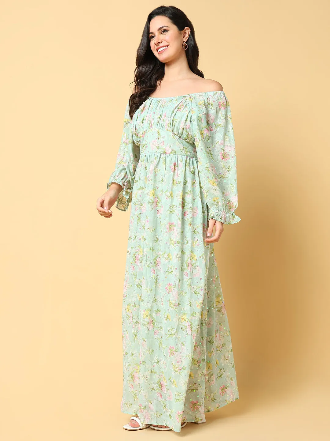 Vacation Vibe Satin-Sleeve Women's Green Floral Print Off-Shoulder Puff Sleeve Georgette Fit & Flare Maxi Dress