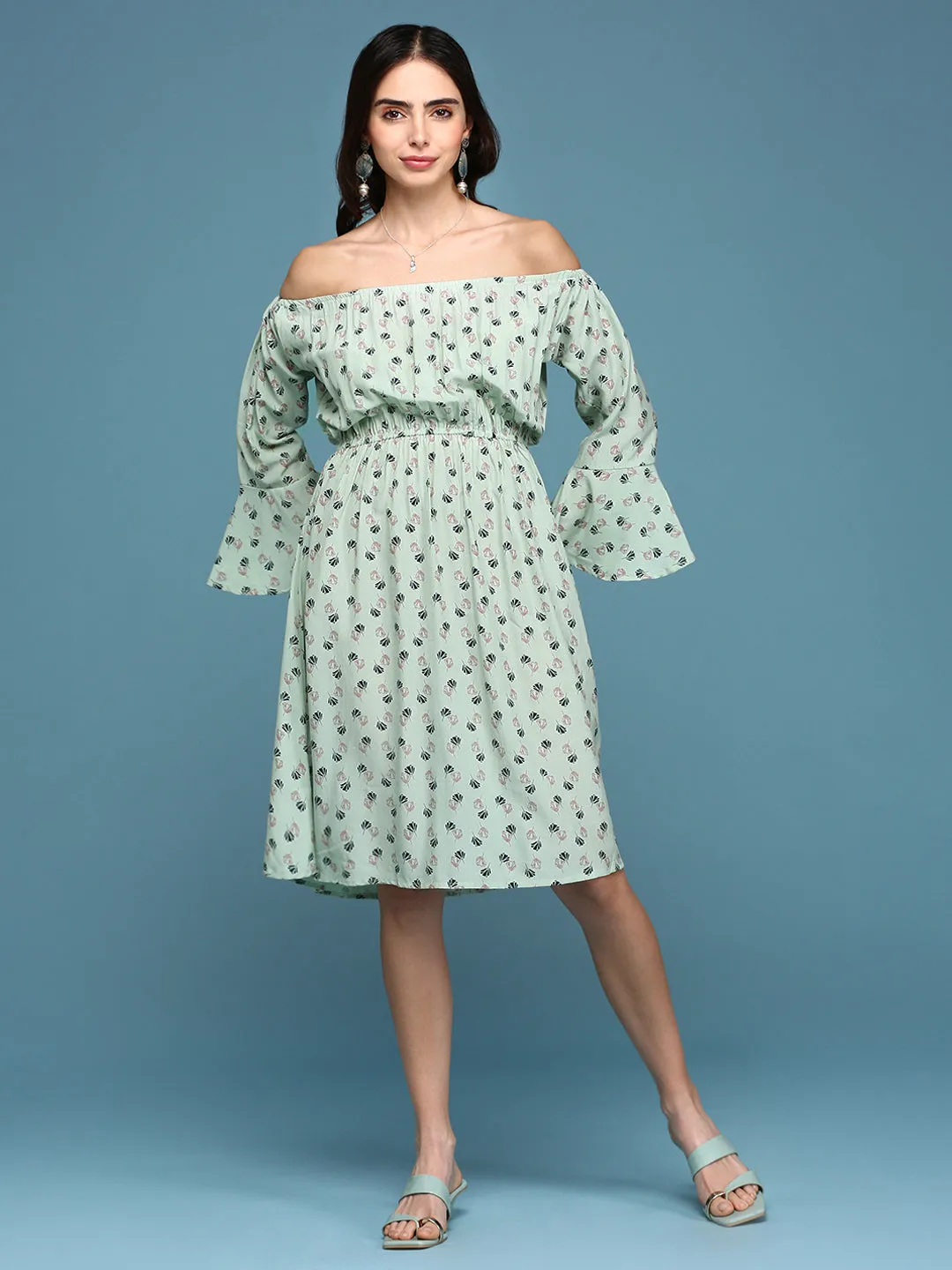 Fold-Over-Detail Fit Base Women's Green Floral Printed Off-Shoulder Fit & Flare Dress