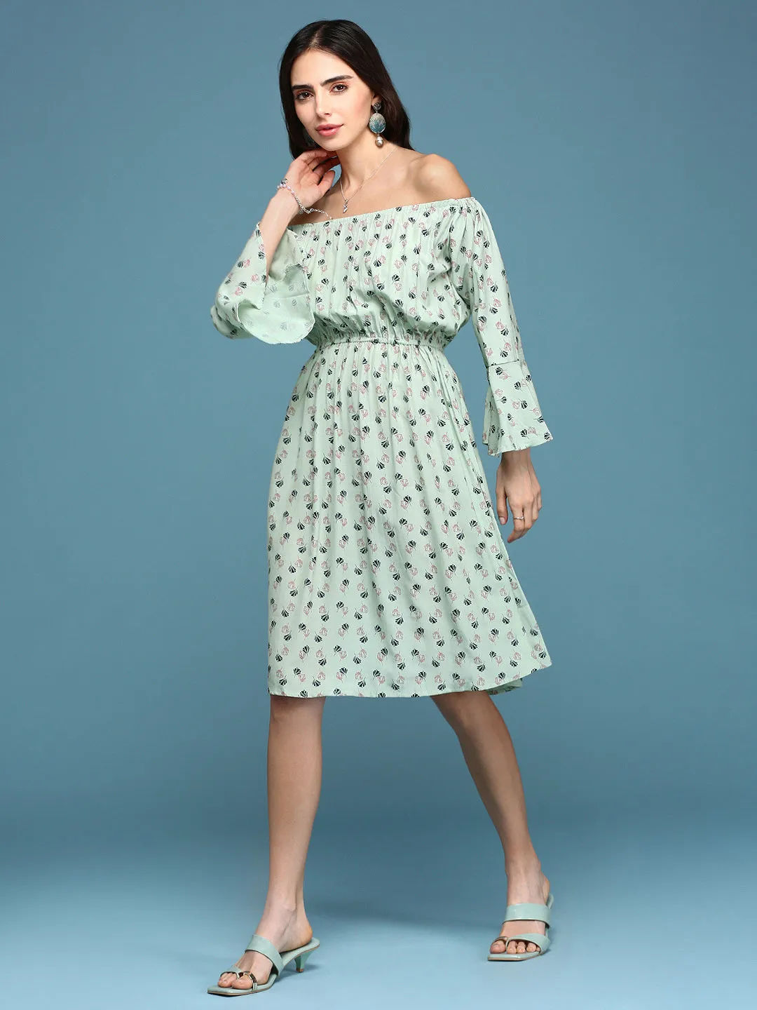 Women's Green Floral Printed Off-Shoulder Fit & Flare Dress Classic Vibe Work Chic