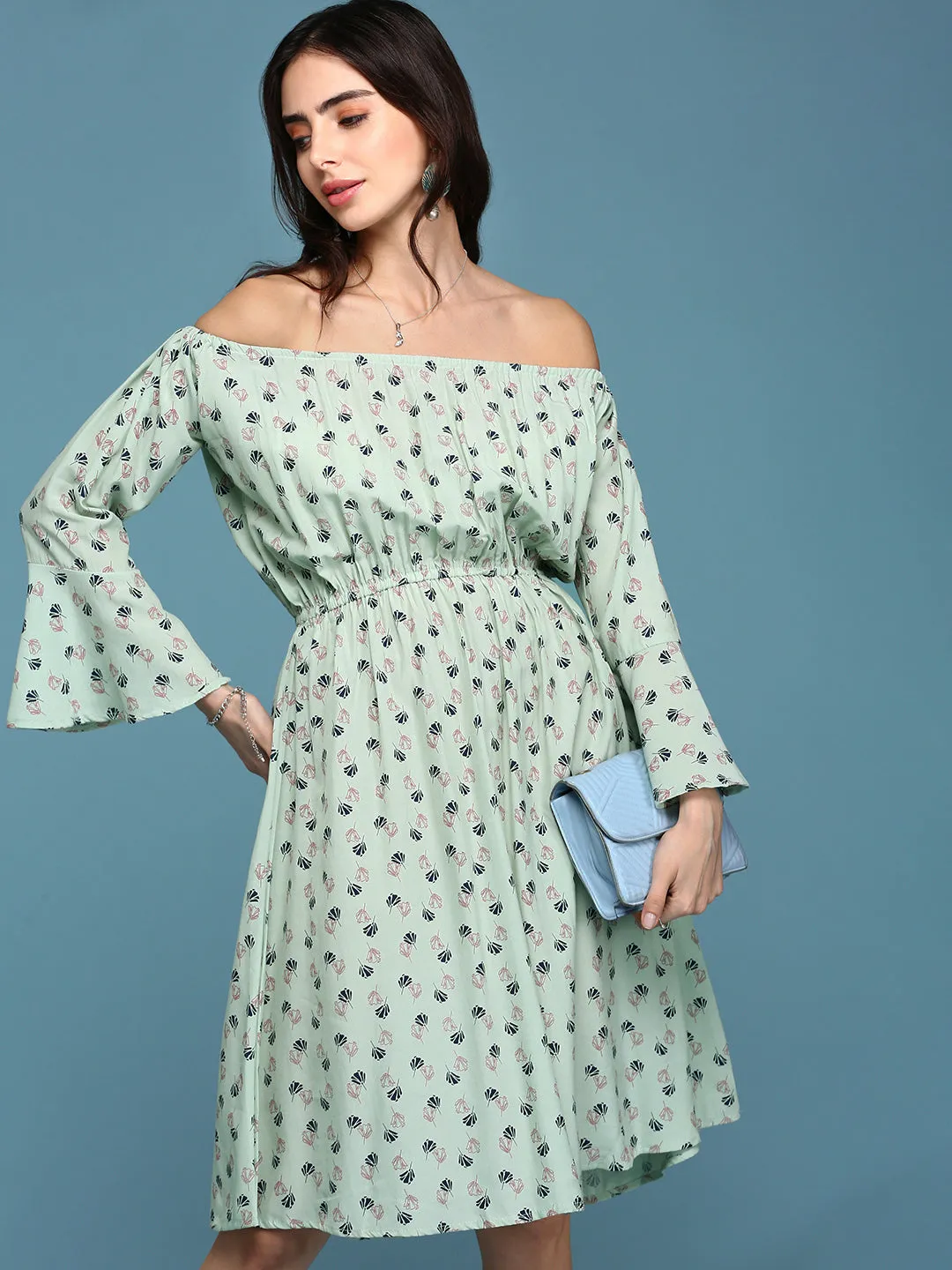 Natural Style Timeless Fit Women's Green Floral Printed Off-Shoulder Fit & Flare Dress
