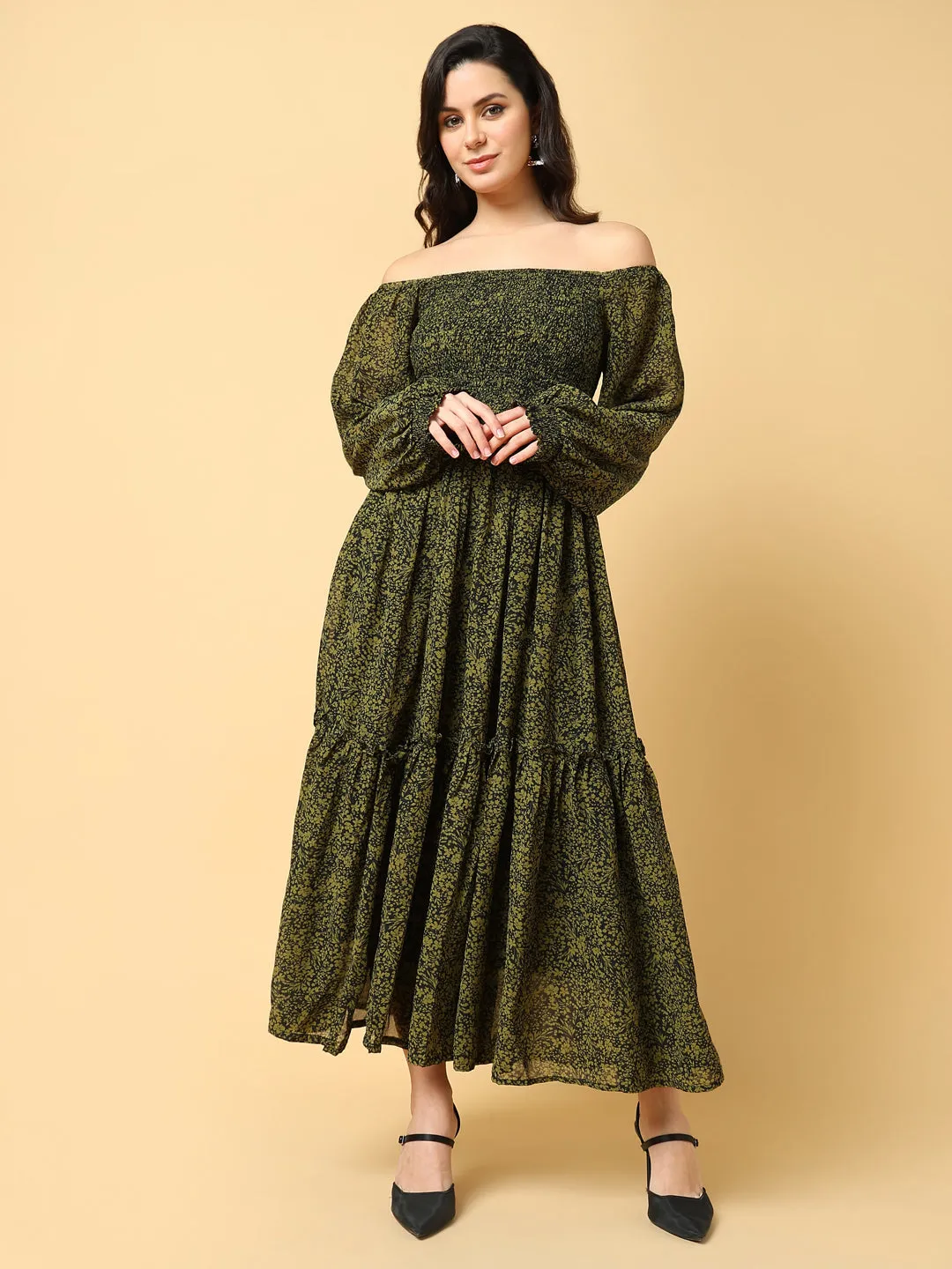 Women's Green Floral Printed Off-Shoulder Fit & Flare Maxi Dress Influencer-Approved Sophisticated Line