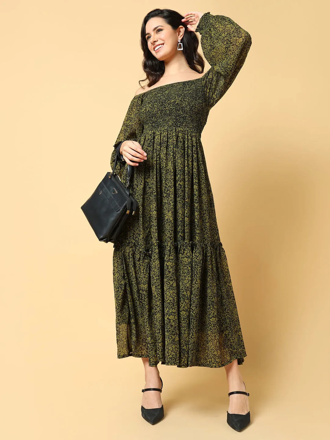 Women's Green Floral Printed Off-Shoulder Fit & Flare Maxi Dress Dreamy Texture