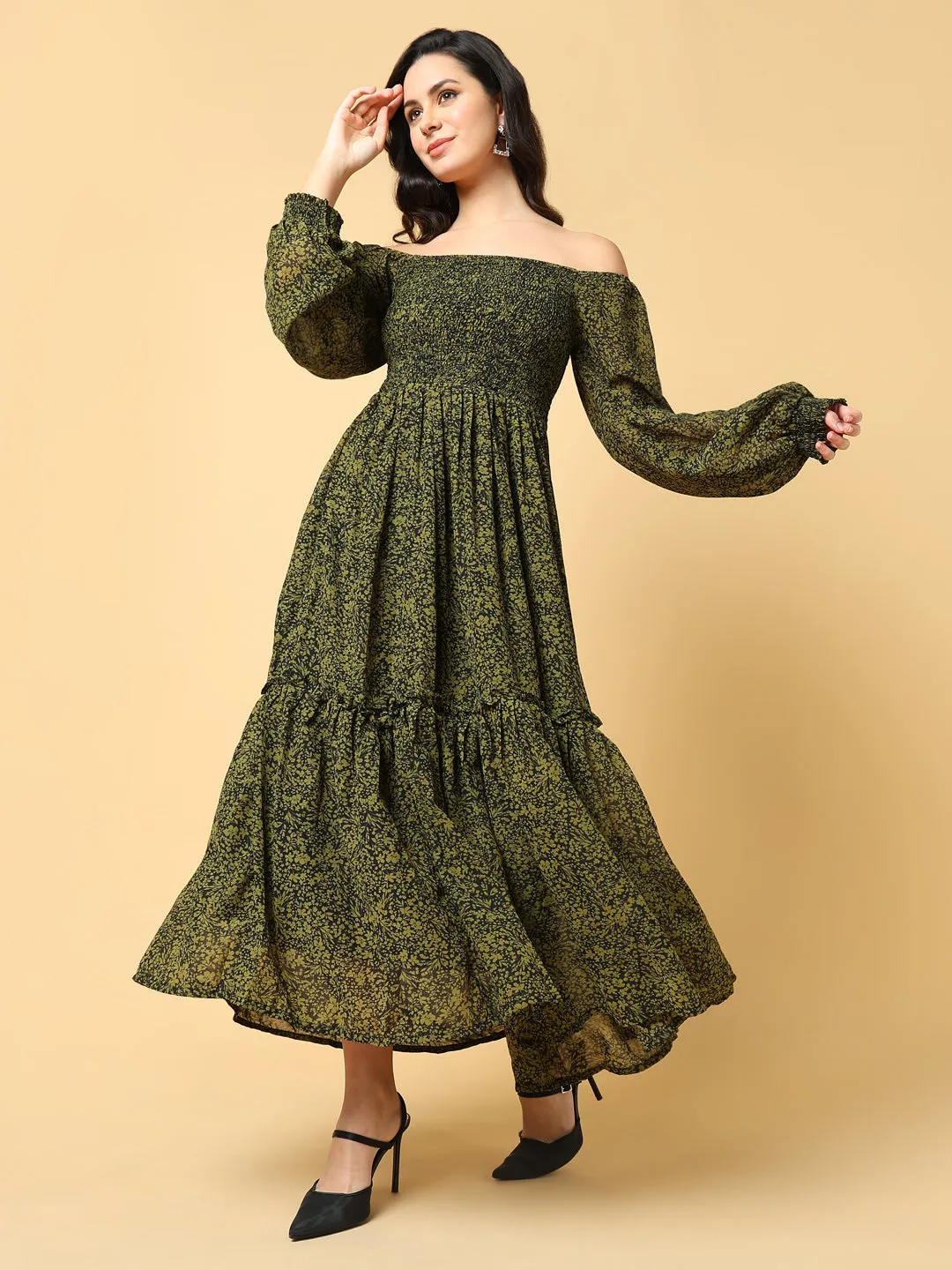 Tall-Fit Fitted Look Women's Green Floral Printed Off-Shoulder Fit & Flare Maxi Dress