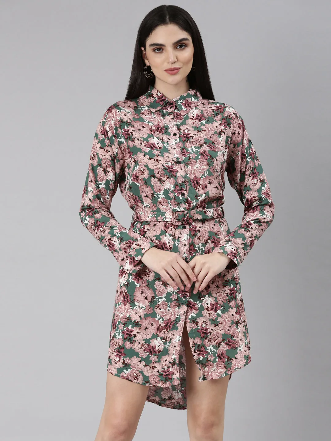 Women's Green Floral Printed Shirt Dress Summer Wardrobe
