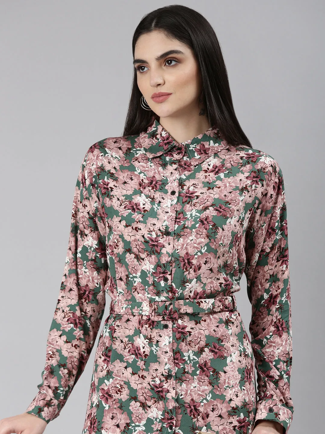 Women's Green Floral Printed Shirt Dress Glossy-Finish