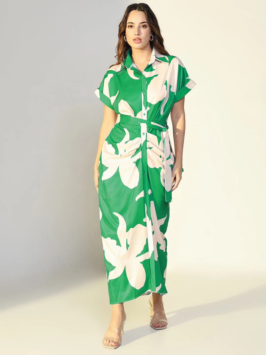 Poised Vibe Women's Green Floral Shirt Dress