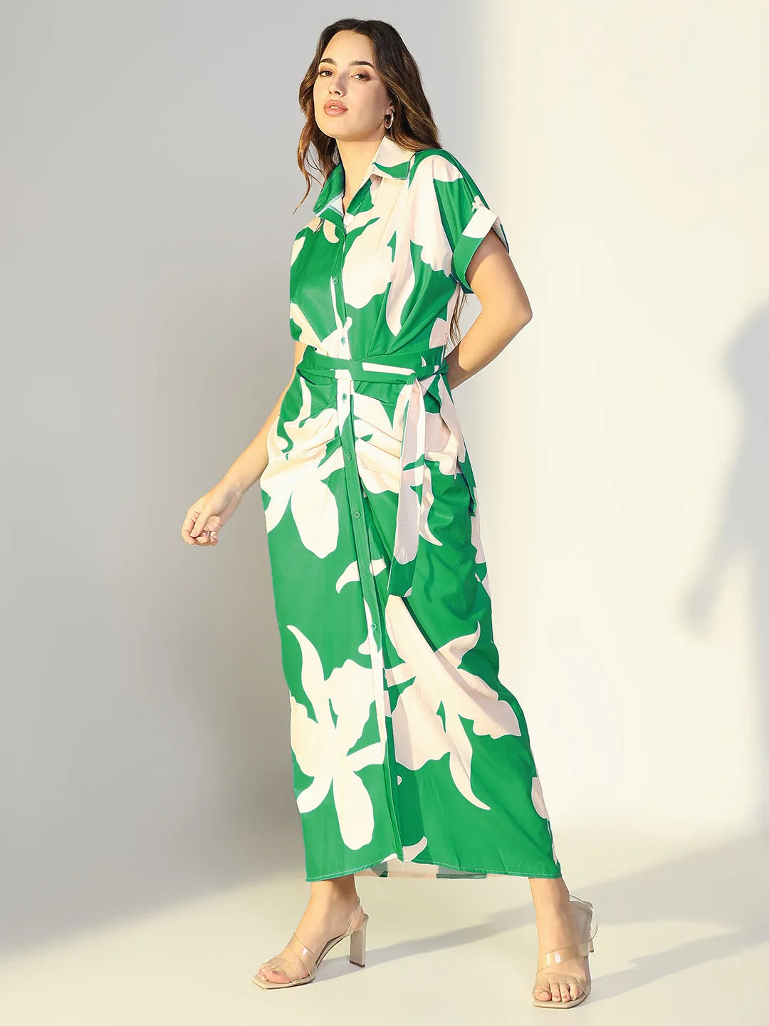 Lined interior Women's Green Floral Shirt Dress
