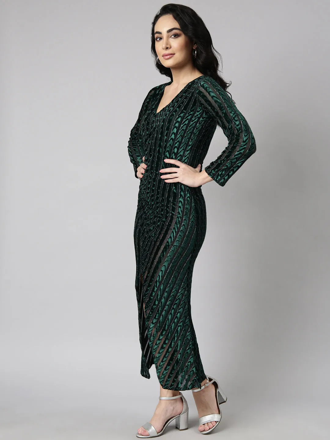 High low hem Tailored Comfort Women's Green Geometric Printed Wrap Maxi Dress