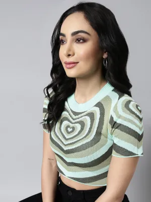 Non Iron Finish Women's Green Graphic Printed Fitted Crop Top