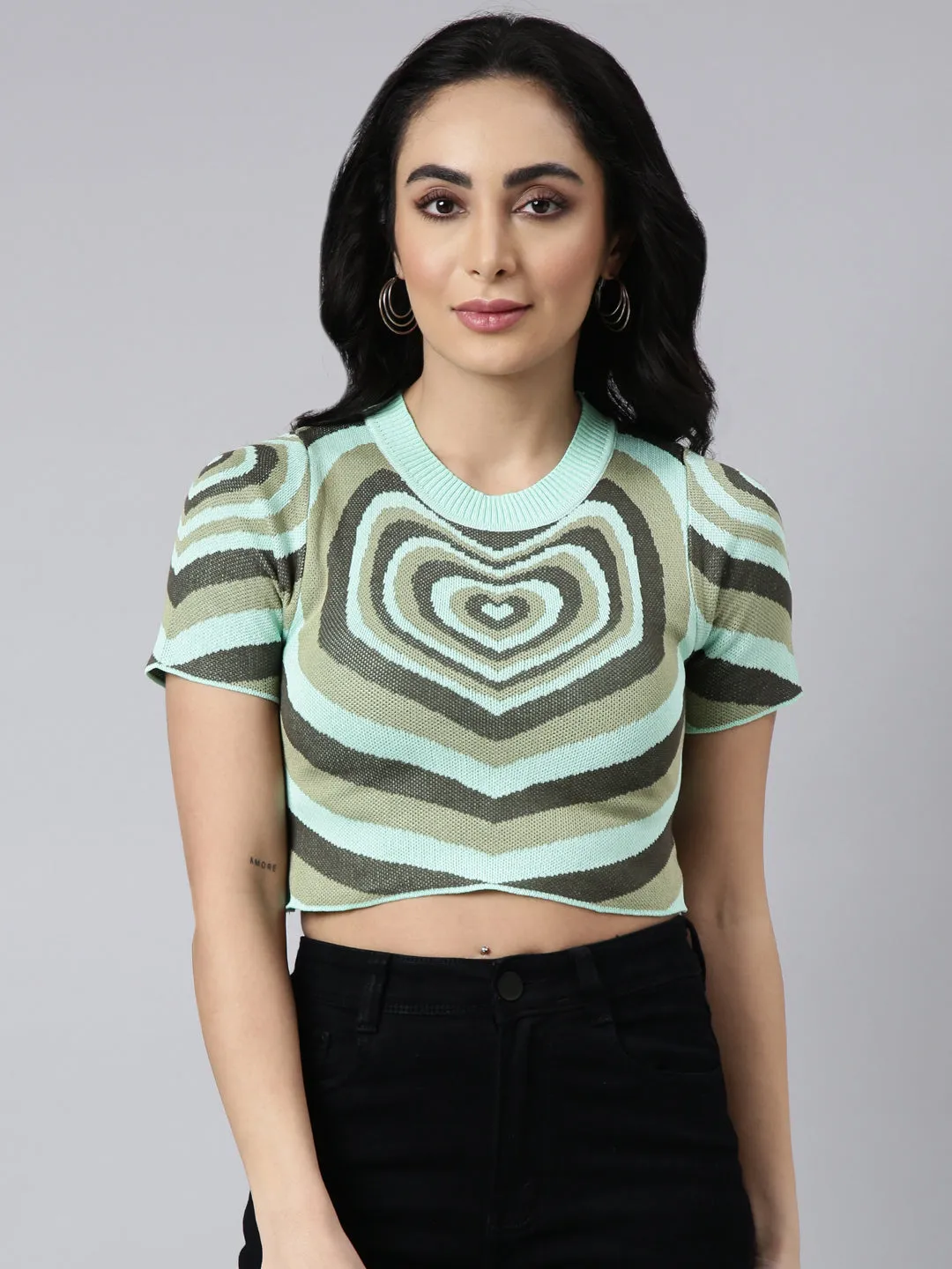 Bold Look Women's Green Graphic Printed Fitted Crop Top