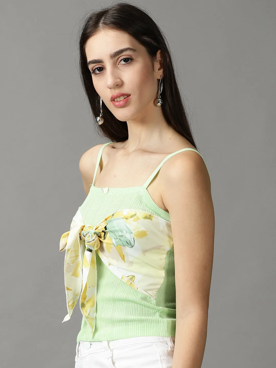 Women's Green Printed Crop Top Sleek Fit Wear Minimalist purity