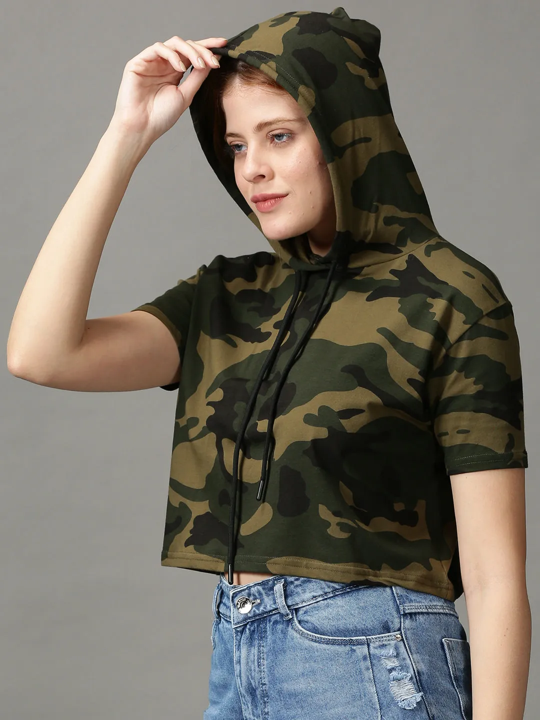 Women's Green Printed Crop Top Garment Washed Texture