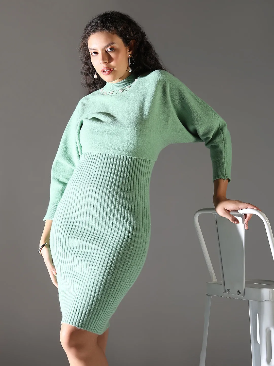 summer look Women's Green Round Neck Bodycon Dress