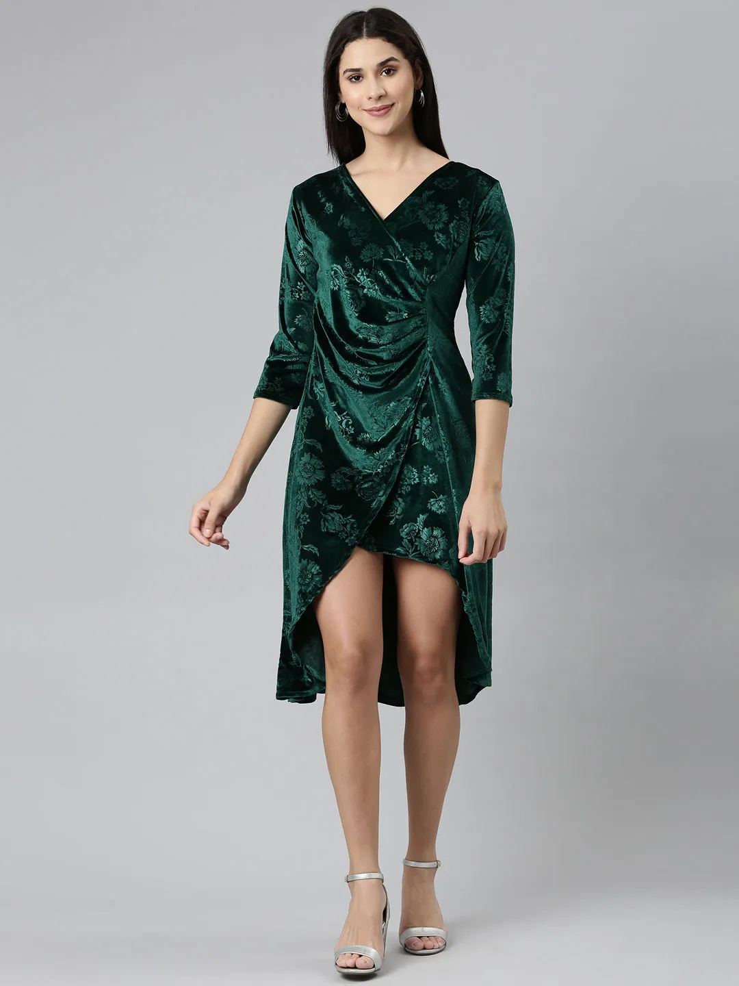 Urban Light Mood Casual Women's Green Self Design High Low Hem & Gathered Floral Bodycon Dress