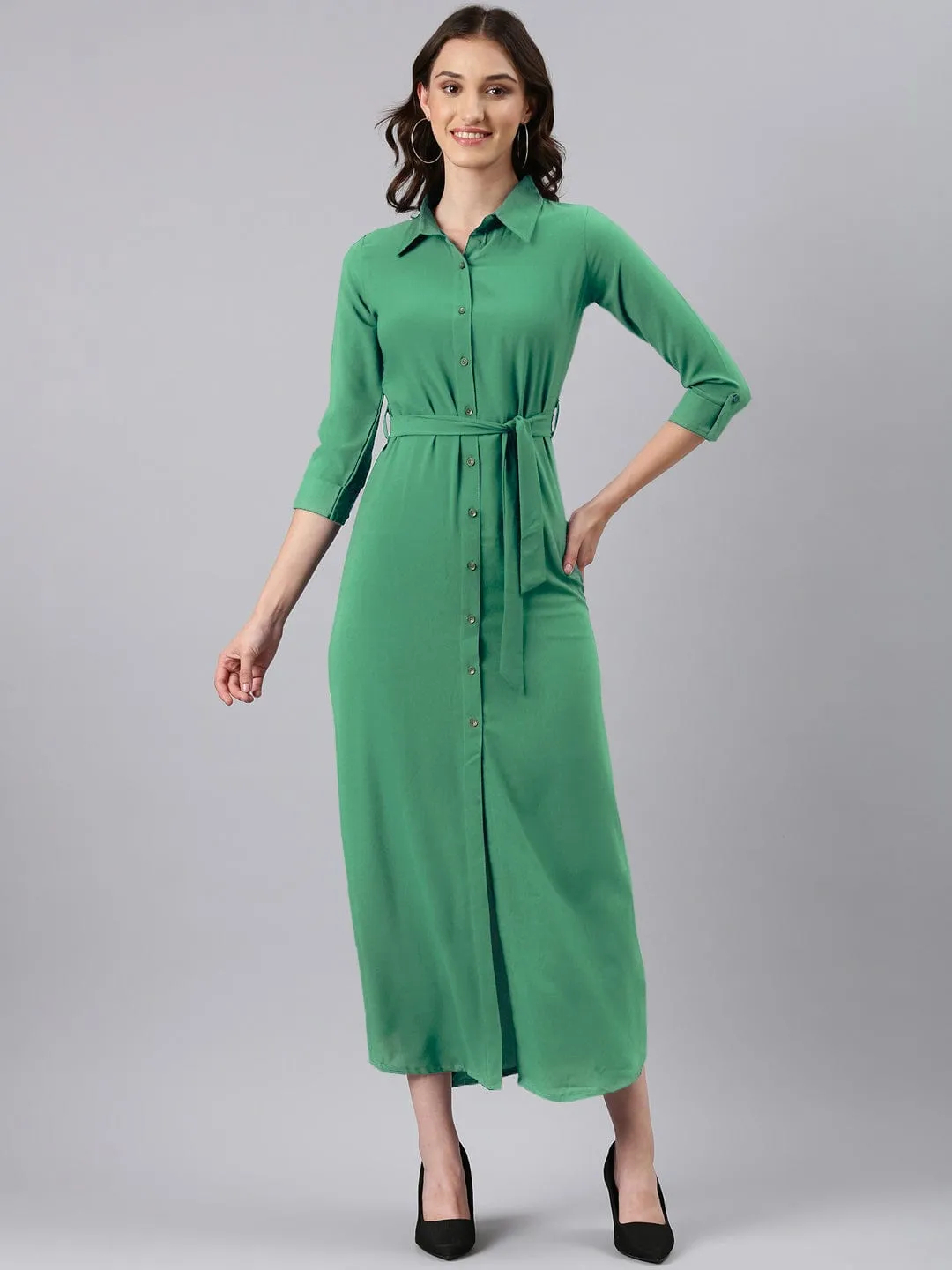 Trendy Look Women's Green Shirt Style Dress with Buttons & Waist Tie-Up