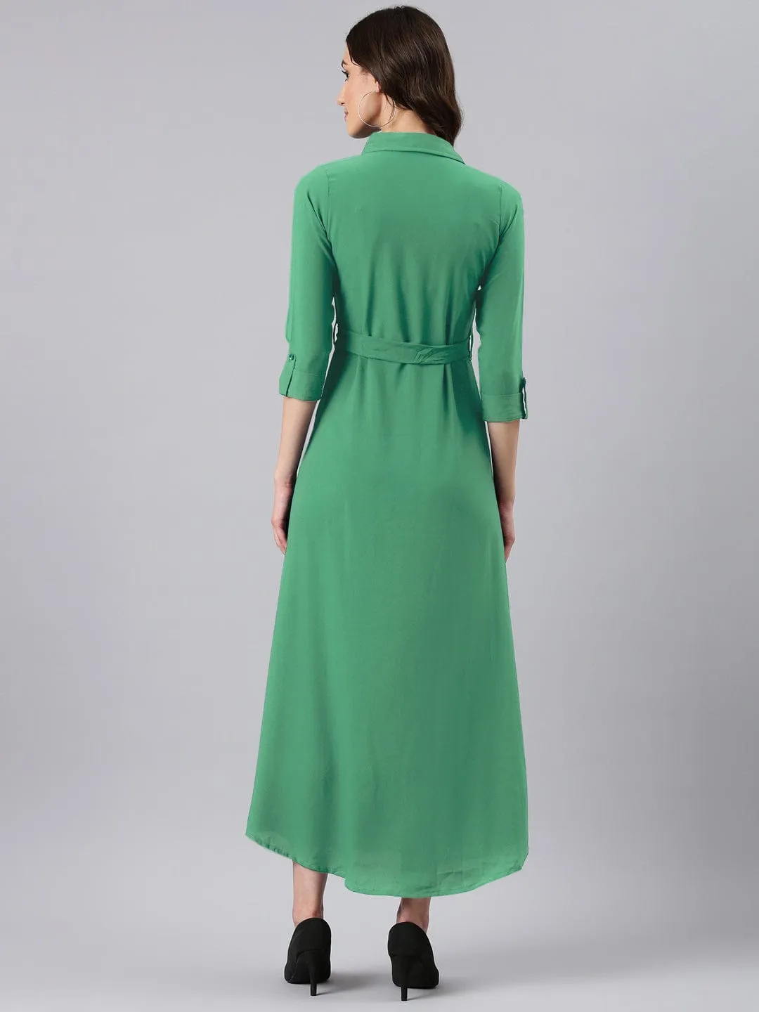 Women's Green Shirt Style Dress with Buttons & Waist Tie-Up Trendy midi dress