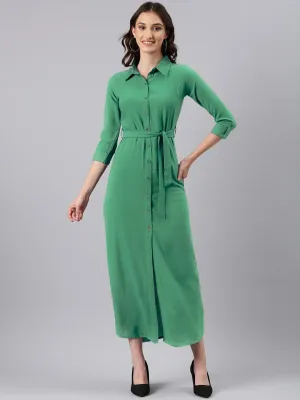 Trendy Look Women's Green Shirt Style Dress with Buttons & Waist Tie-Up