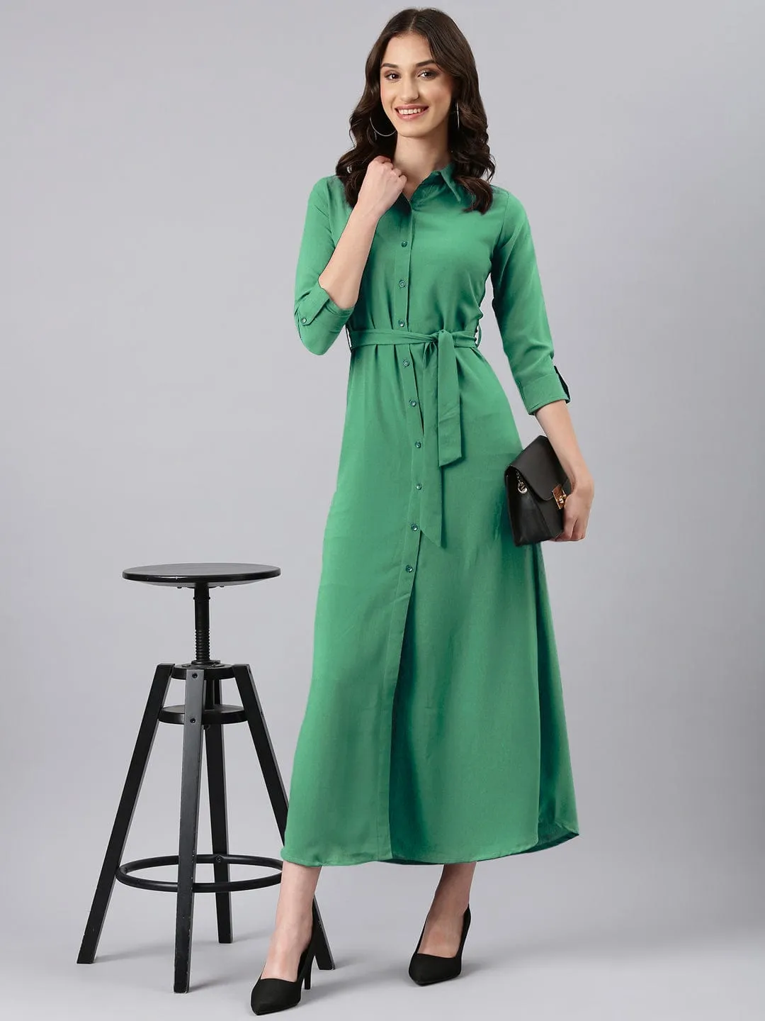 Elegant Waist Women's Green Shirt Style Dress with Buttons & Waist Tie-Up