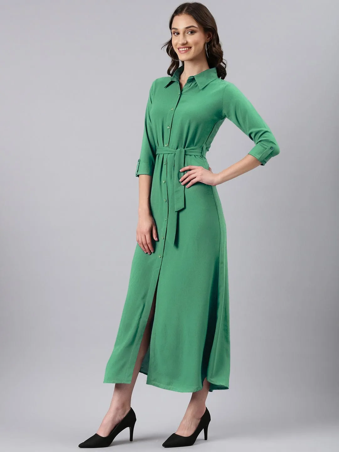 Flare Swing Women's Green Shirt Style Dress with Buttons & Waist Tie-Up