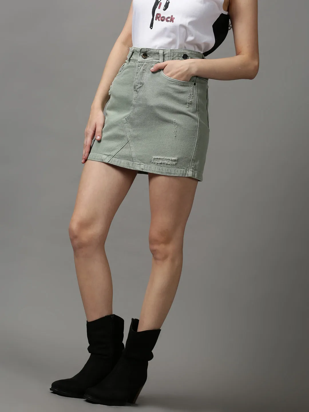 Women's Green Solid Straight Mini Skirt Flowy Drape