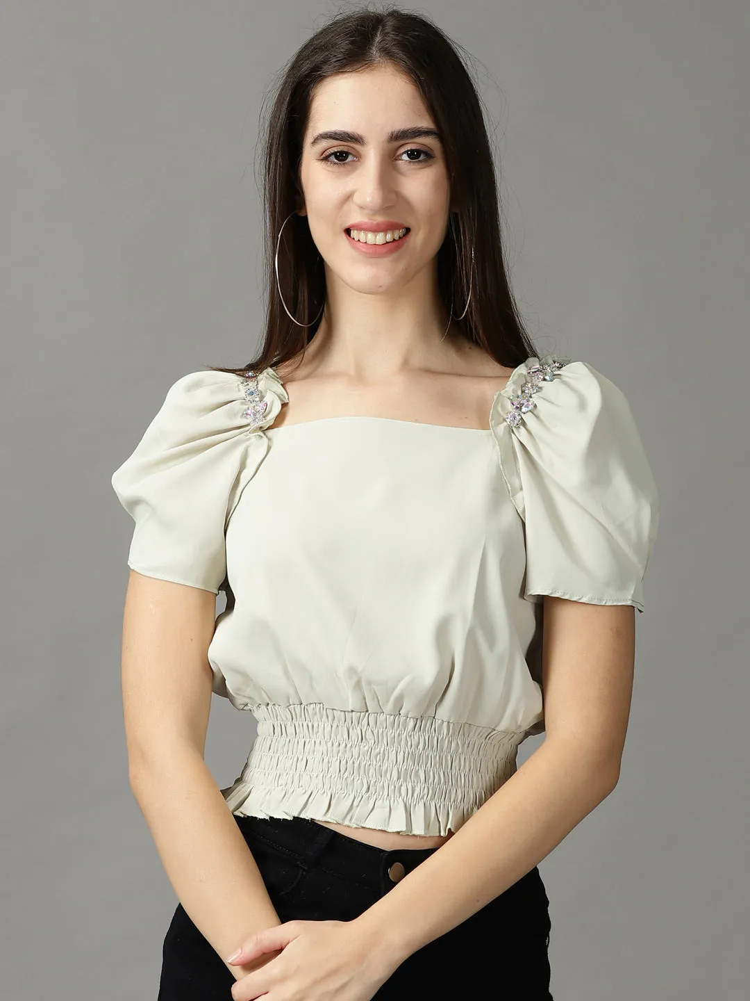 Women's Green Studded Blouson Crop Top Floral freshness