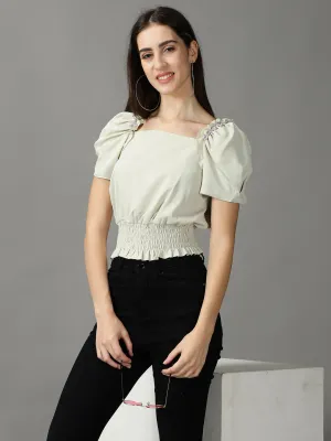 Women's Green Studded Blouson Crop Top Brushed Interior Lining