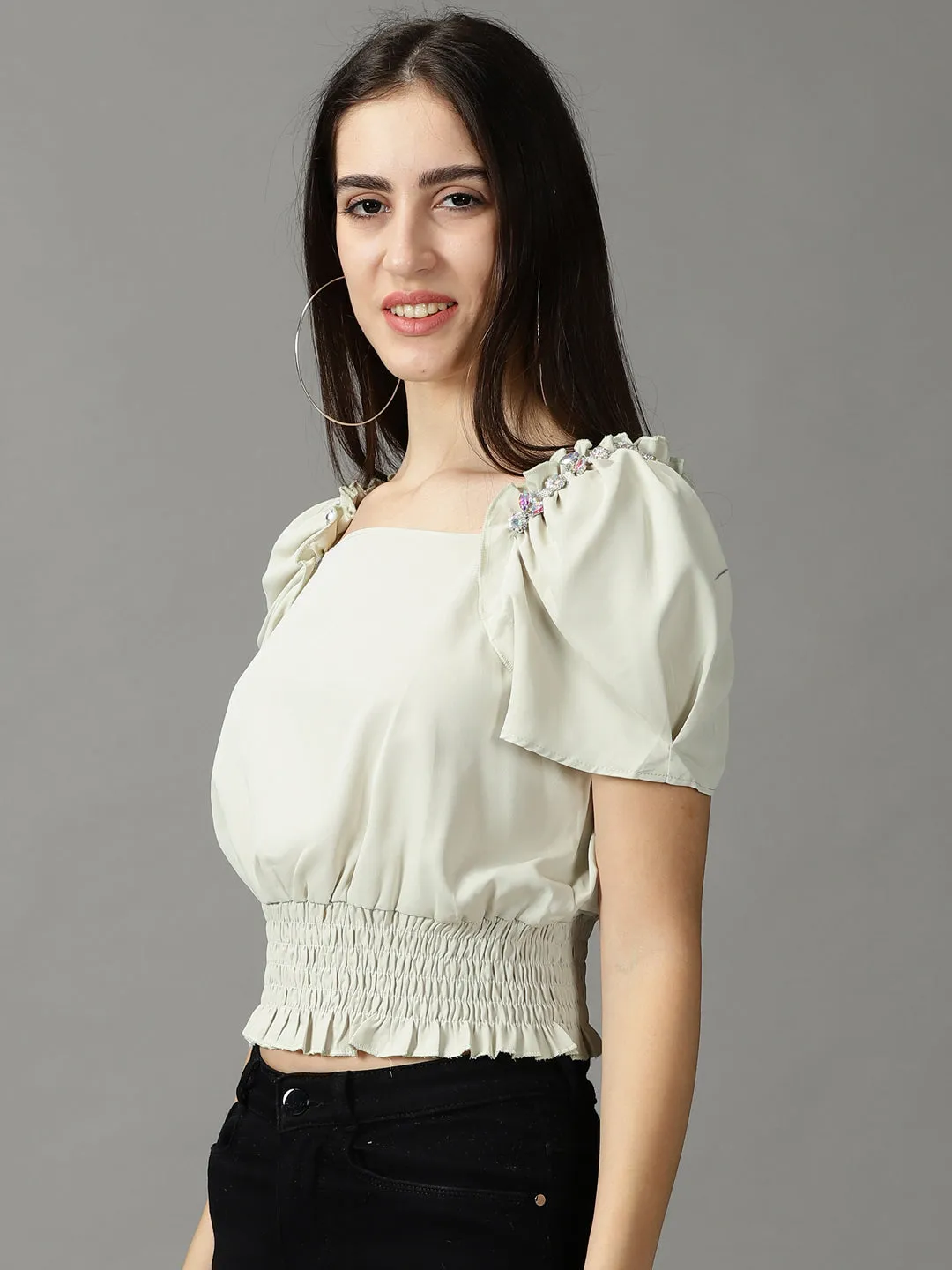 Breathable Comfort Fit Hiking durability Women's Green Studded Blouson Crop Top