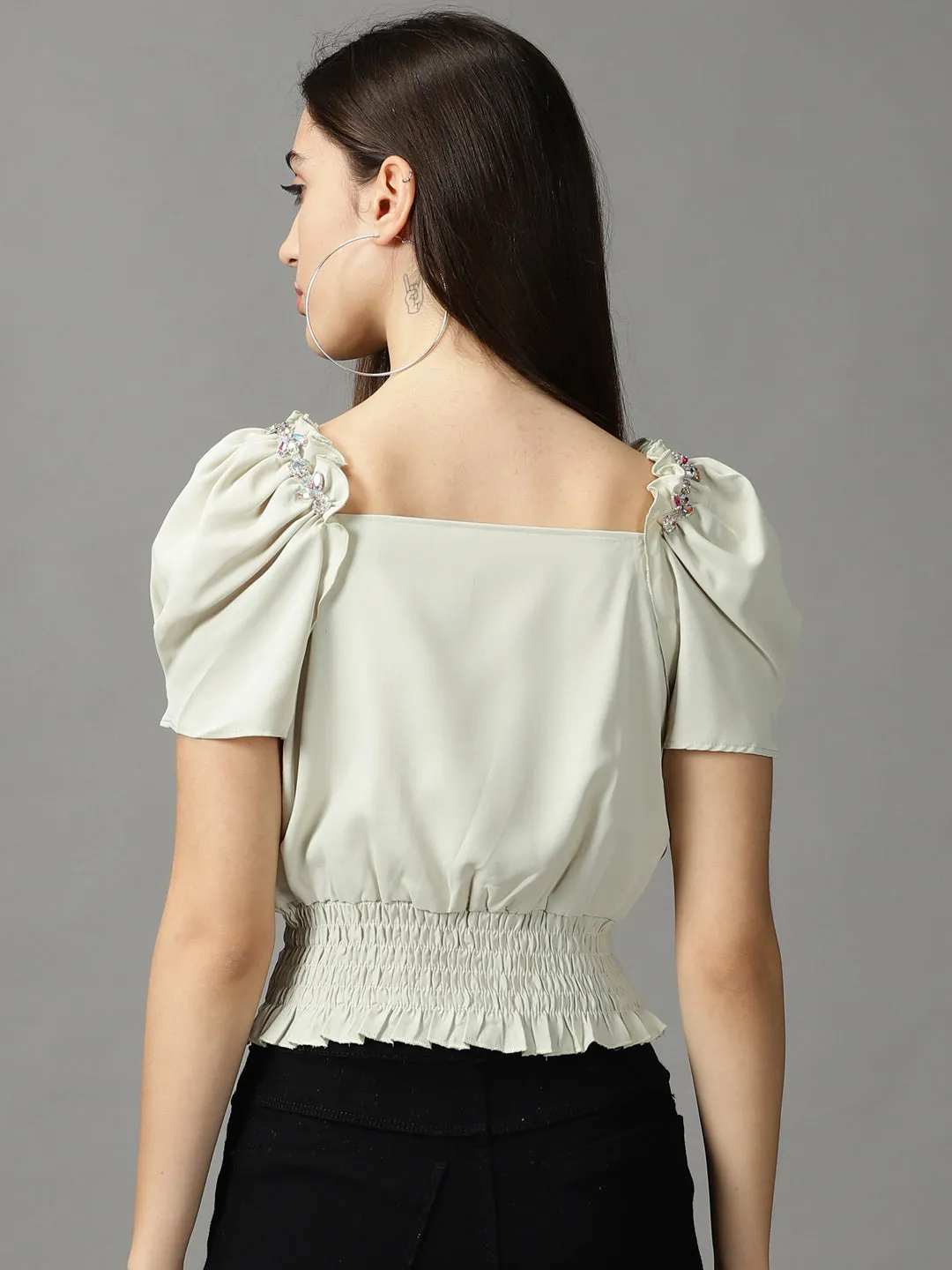 Comfy Look Wear Stretch waistband Women's Green Studded Blouson Crop Top