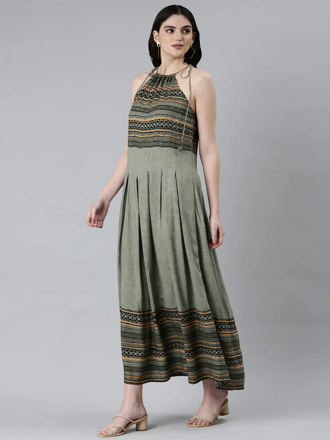 Women's Green Tribal Printed Halter Neck Pleated Fit & Flare Dress Flow Ready Perfect Style