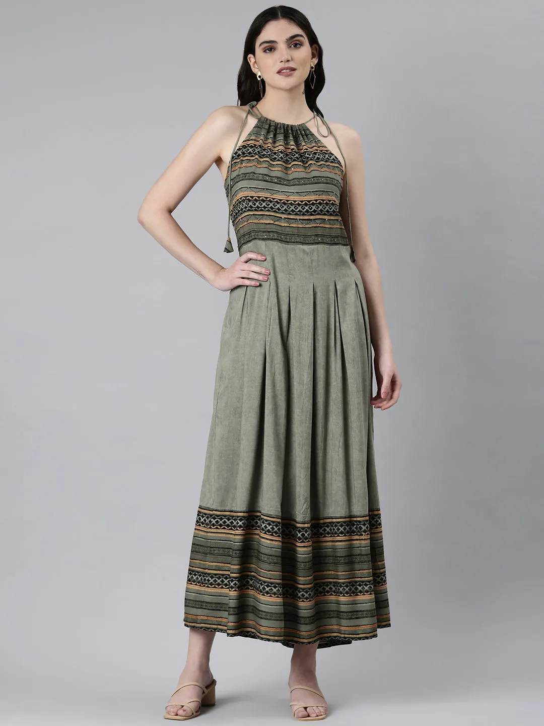 Women's Green Tribal Printed Halter Neck Pleated Fit & Flare Dress Subtle pattern Mood Comfort