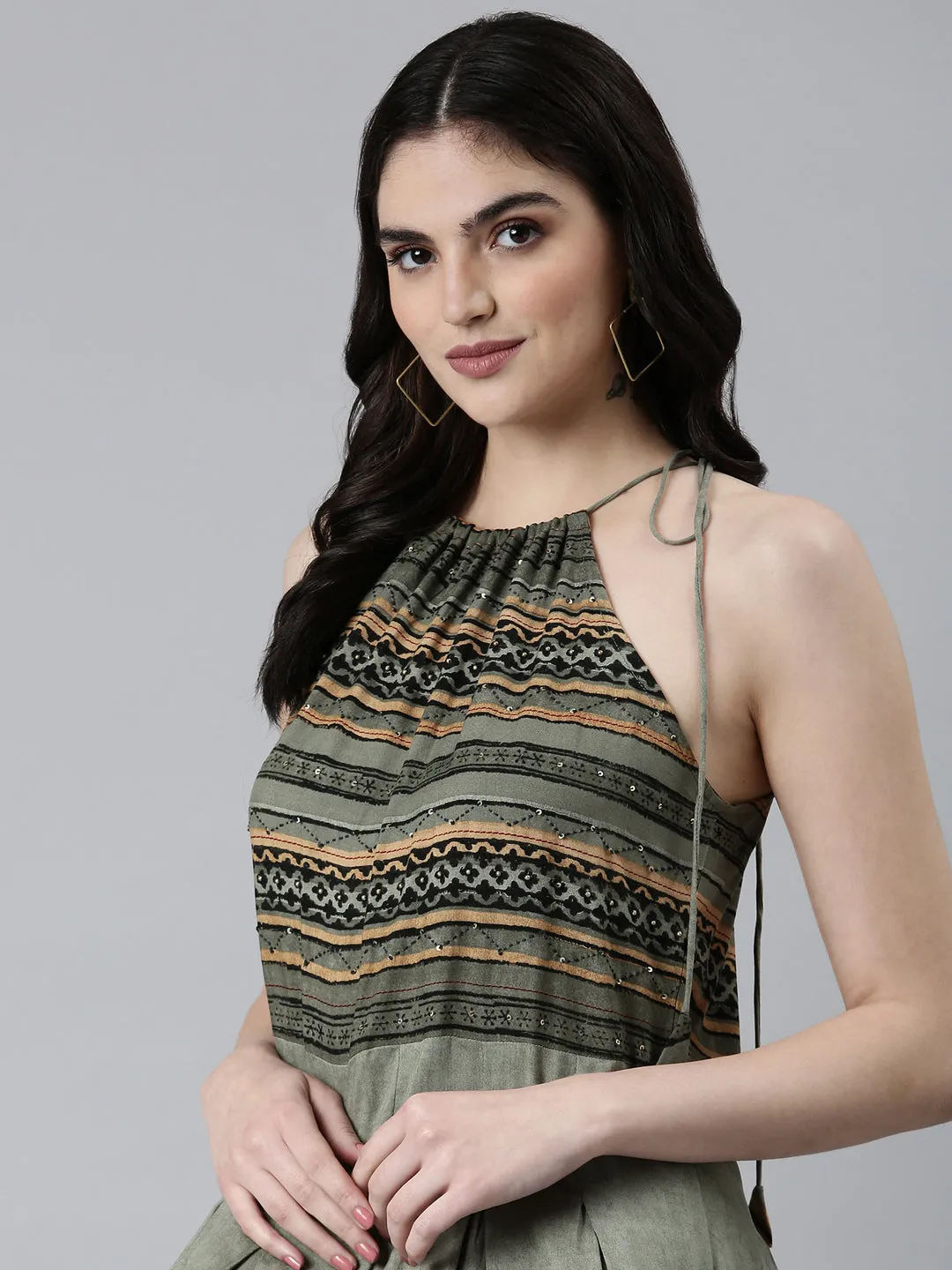 Beauty Zone Texture Soft Women's Green Tribal Printed Halter Neck Pleated Fit & Flare Dress