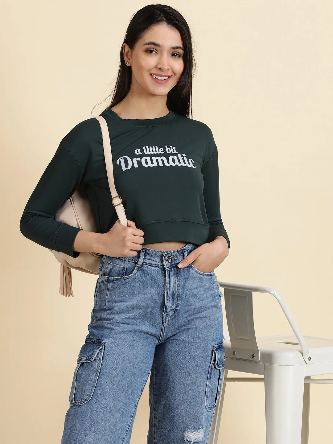 Casual Comfort Look Women's Green Typography Print Crop Top