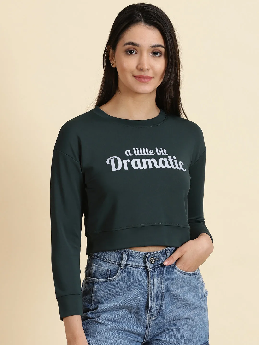 Women's Green Typography Print Crop Top Ultra Soft Finish Everyday Wearable