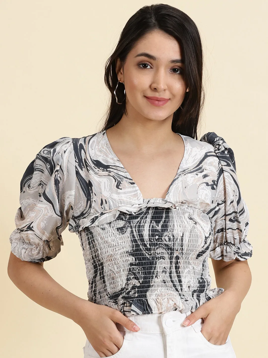 Breathable Layer Fit Quick Release Hem Women's Grey Abstract Printed Crepe Crop Cinched Waist Top