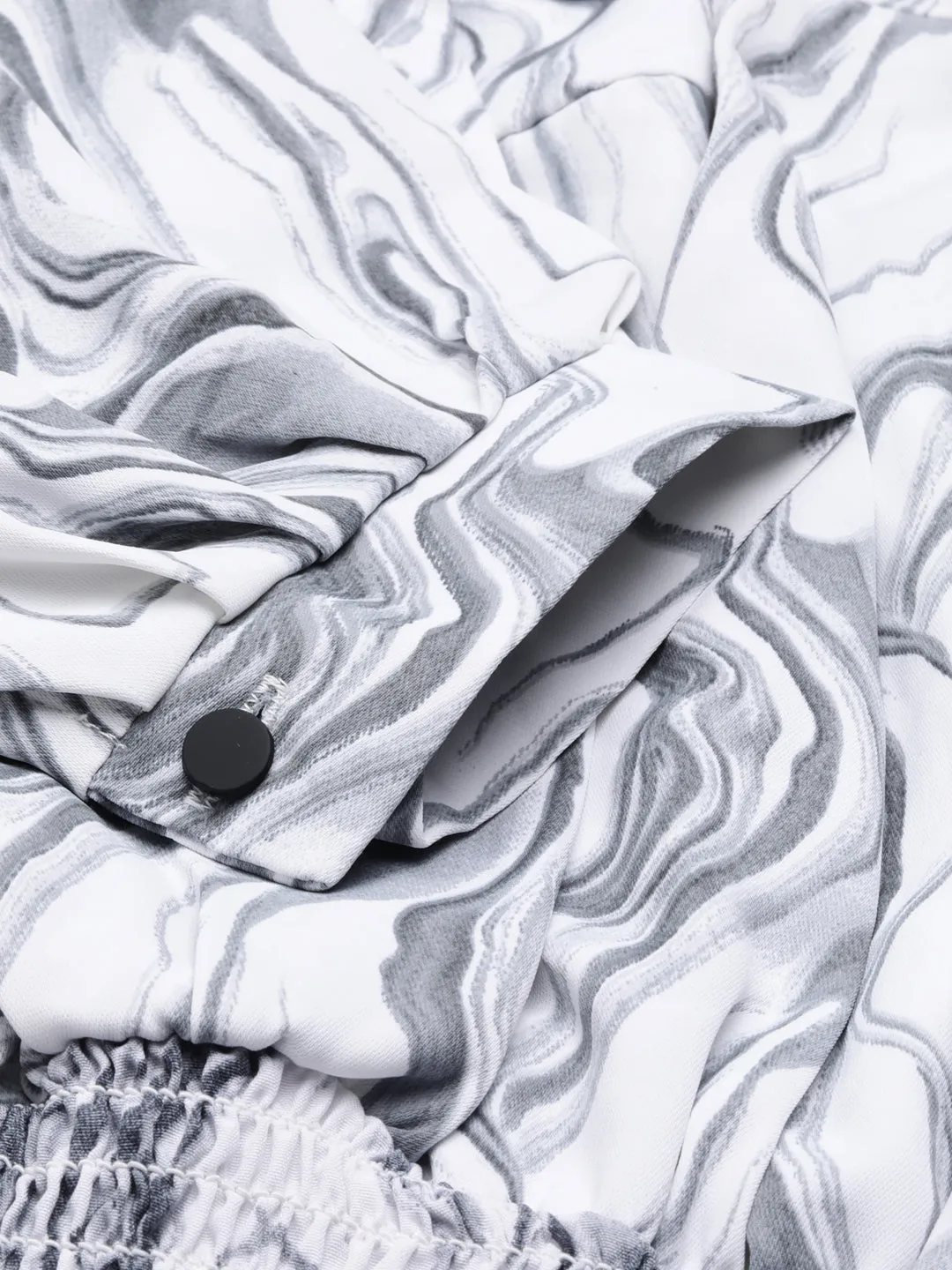 Women's Grey Abstract Printed Keyhole Neck Cinched Waist Crop Top Comfortable And Trendy