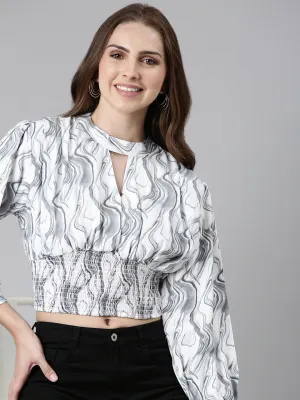 Women's Grey Abstract Printed Keyhole Neck Cinched Waist Crop Top Comfy Stretch Wear