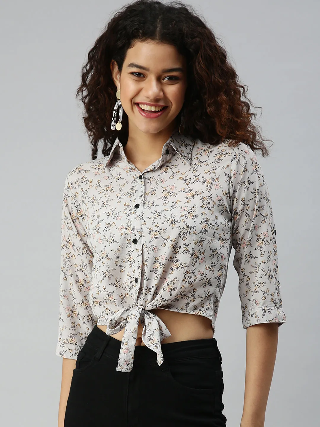 Women's Grey Floral Printed Crepe Shirt Style Crop Top Fresh and Cool