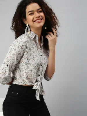 Women's Grey Floral Printed Crepe Shirt Style Crop Top Fashion-Ready Pastel color
