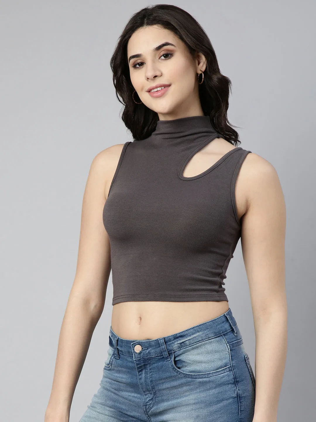 Women's Grey High Neck Tank Crop Top Minimal Comfort Wear Comfy Pieces
