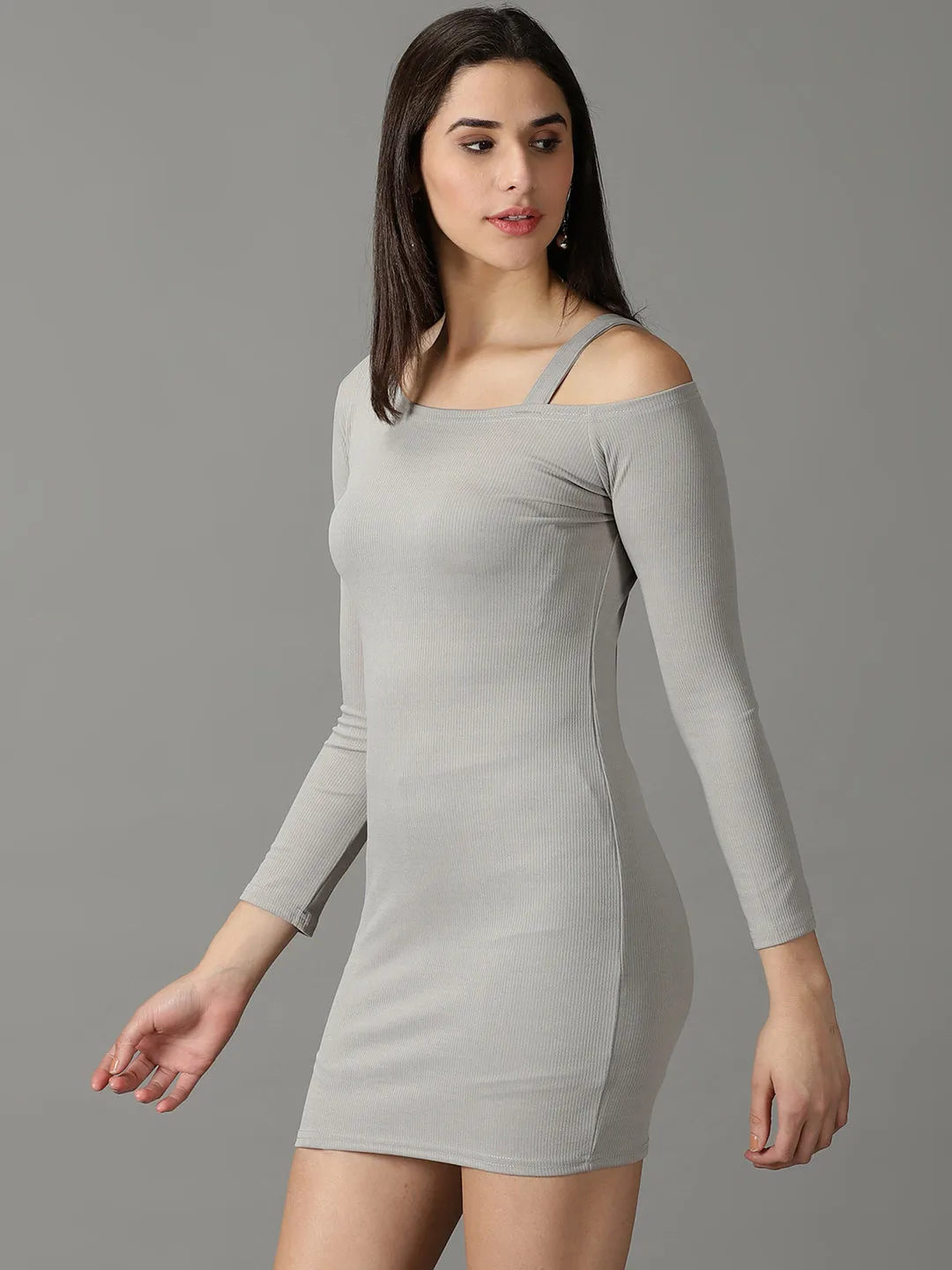 Women's Grey One Shoulder Bodycon Acrylic Mini Dress Weekend Feel