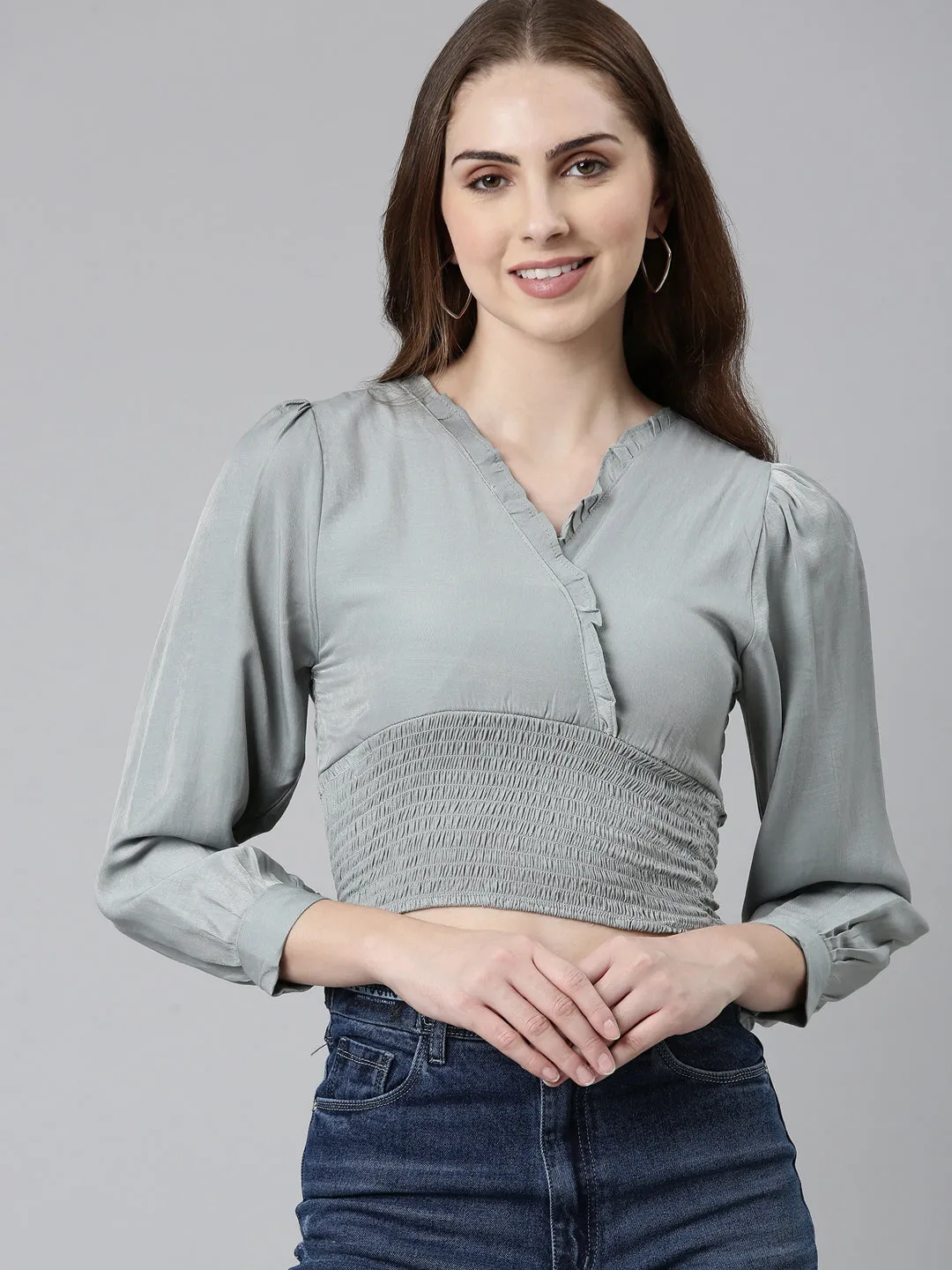Stylish Everyday Wear Effortless Design Women's Grey Puff Sleeve Smocked Crop Top