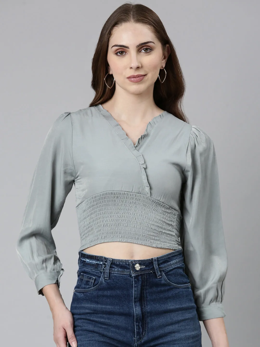 Basic Layering Sleek Fit Women's Grey Puff Sleeve Smocked Crop Top