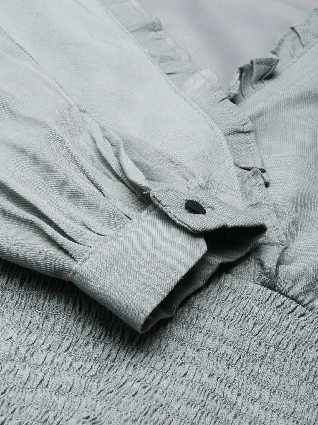 Women's Grey Puff Sleeve Smocked Crop Top Neutral Color Relax Style Trend