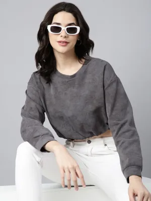 Women's Grey Round Neck Drop Shoulder Crop Top Breathable Layer