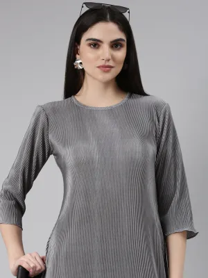 Slim-fit Workwear Comfort Women's Grey Self Design Satin A-Line Dress